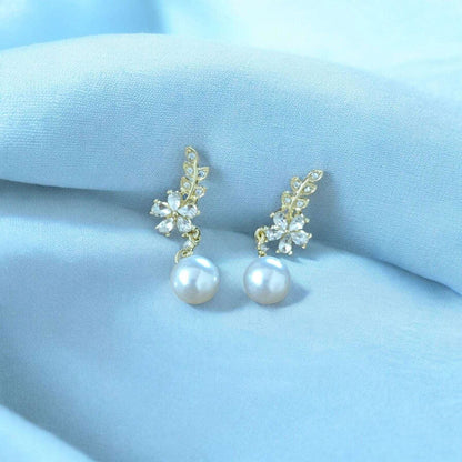 Gold Floral Pearl Drop Earrings with Cubic Zirconia - JESPARA