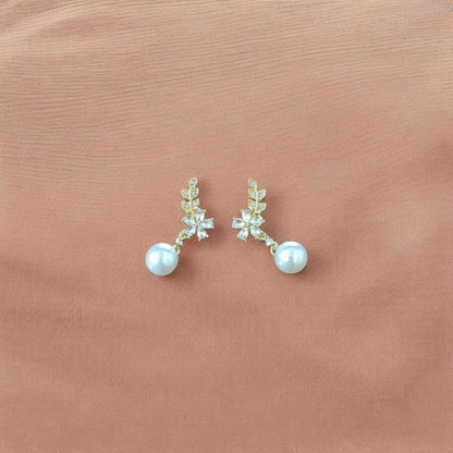 Gold Floral Pearl Drop Earrings with Cubic Zirconia - JESPARA