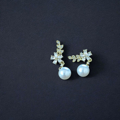 Gold Floral Pearl Drop Earrings with Cubic Zirconia - JESPARA