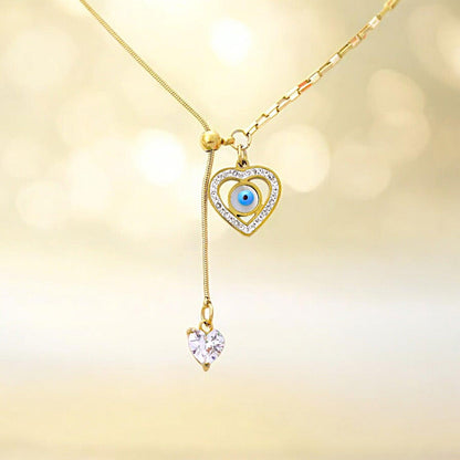 Gold Heart Evil Eye Necklace with Crystals - JESPARA