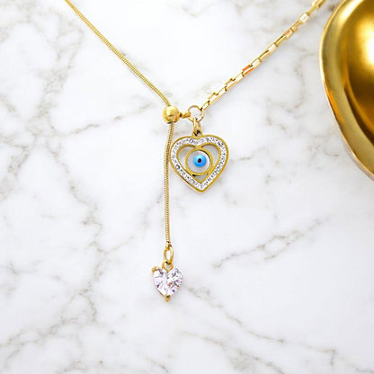 Gold Heart Evil Eye Necklace with Crystals - JESPARA