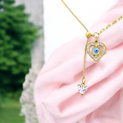 Gold Heart Evil Eye Necklace with Crystals - JESPARA