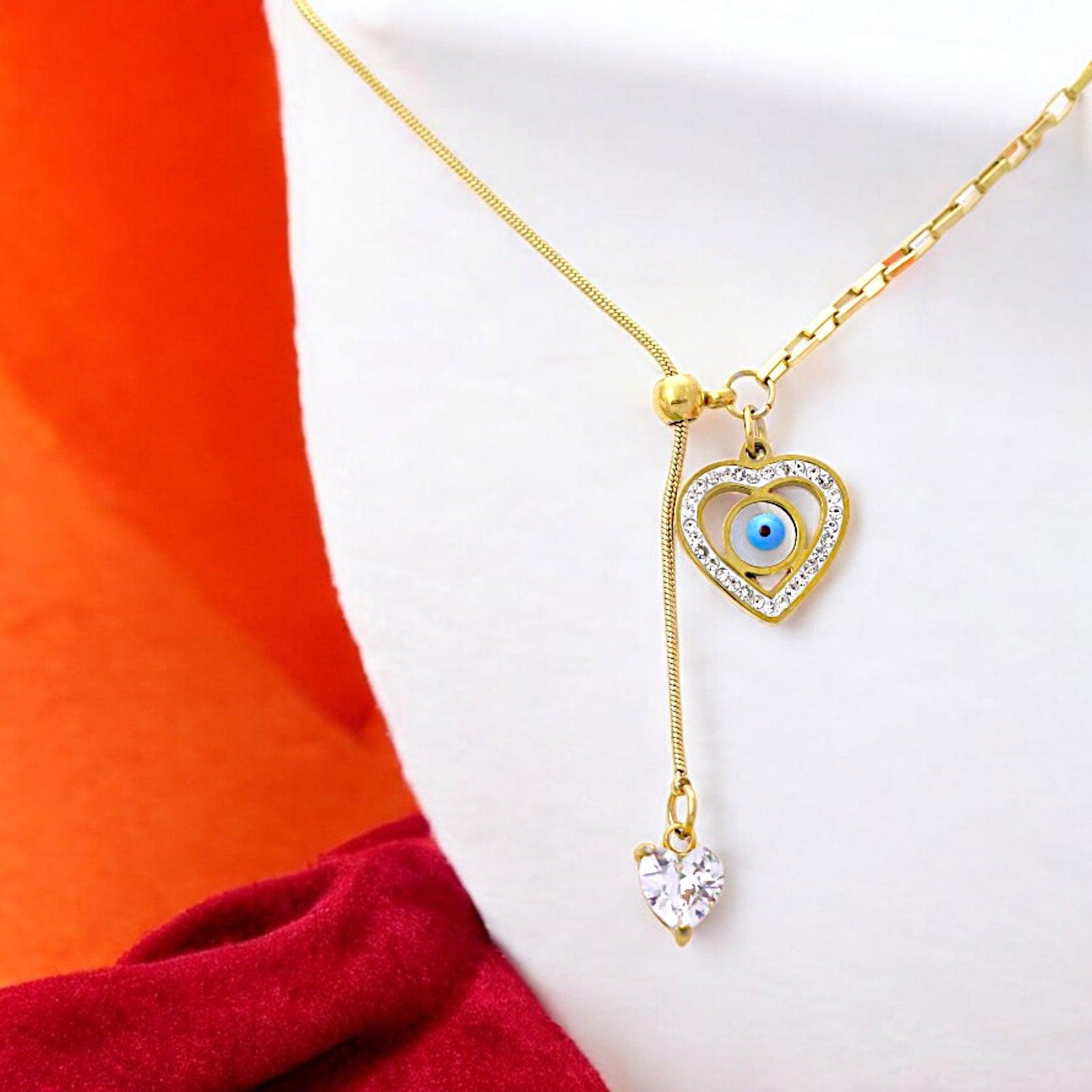 Gold Heart Evil Eye Necklace with Crystals - JESPARA