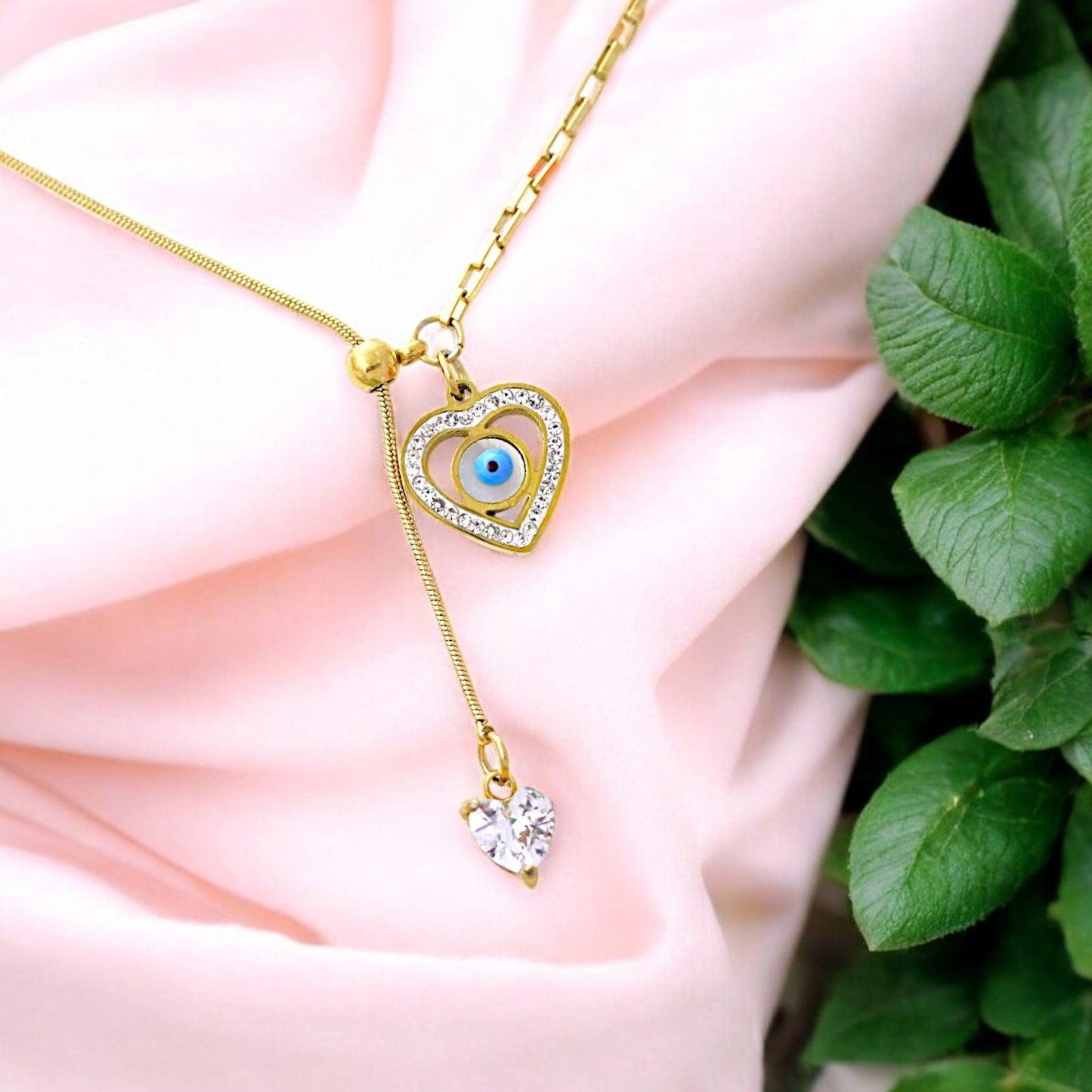 Gold Heart Evil Eye Necklace with Crystals - JESPARA