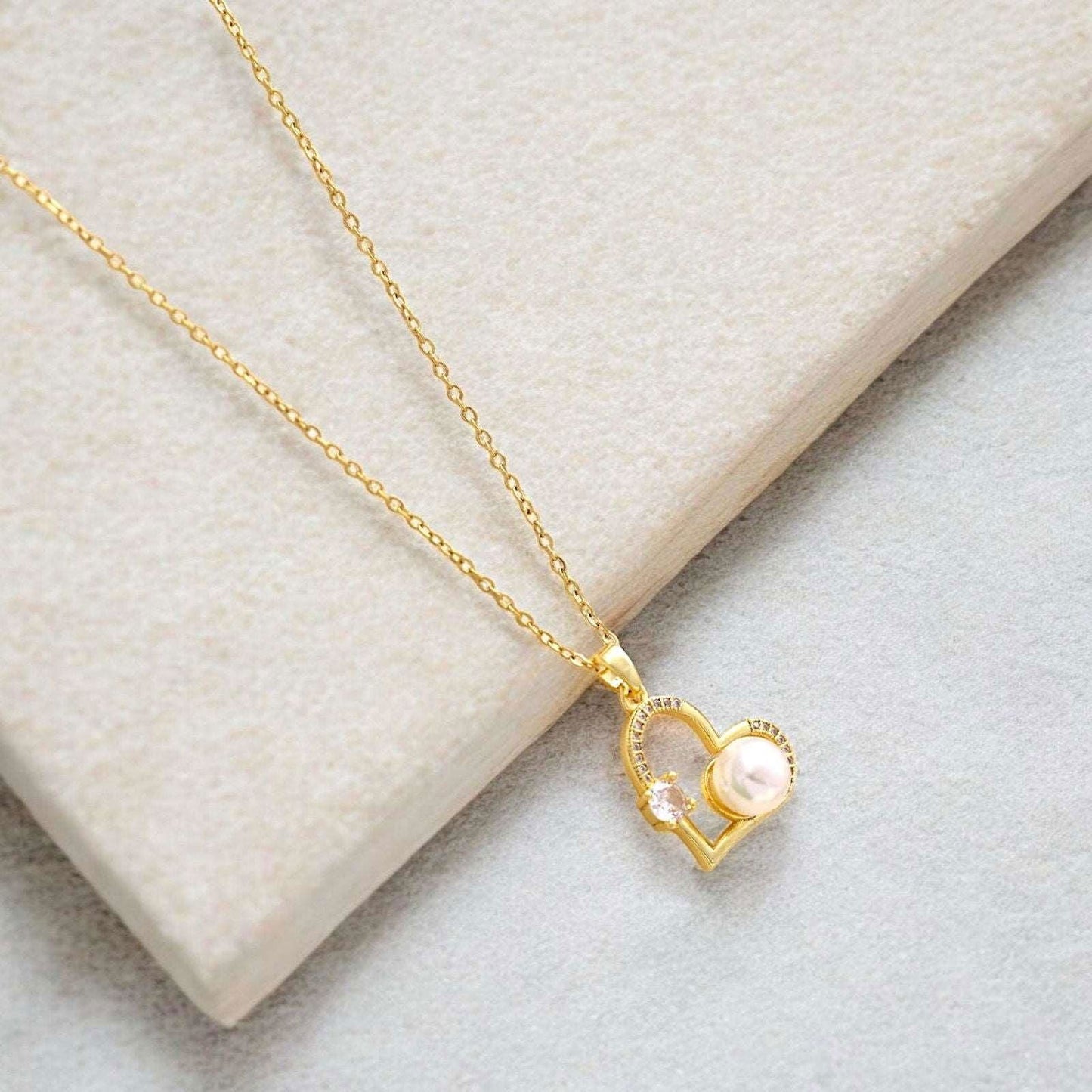 Gold Heart Necklace with Pearl & Crystal - JESPARA