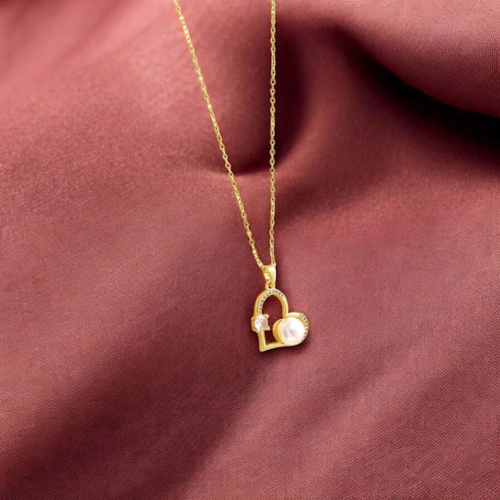 Gold Heart Necklace with Pearl & Crystal - JESPARA