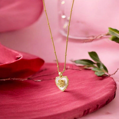 Gold Heart Pendant Necklace with Rose Design - JESPARA