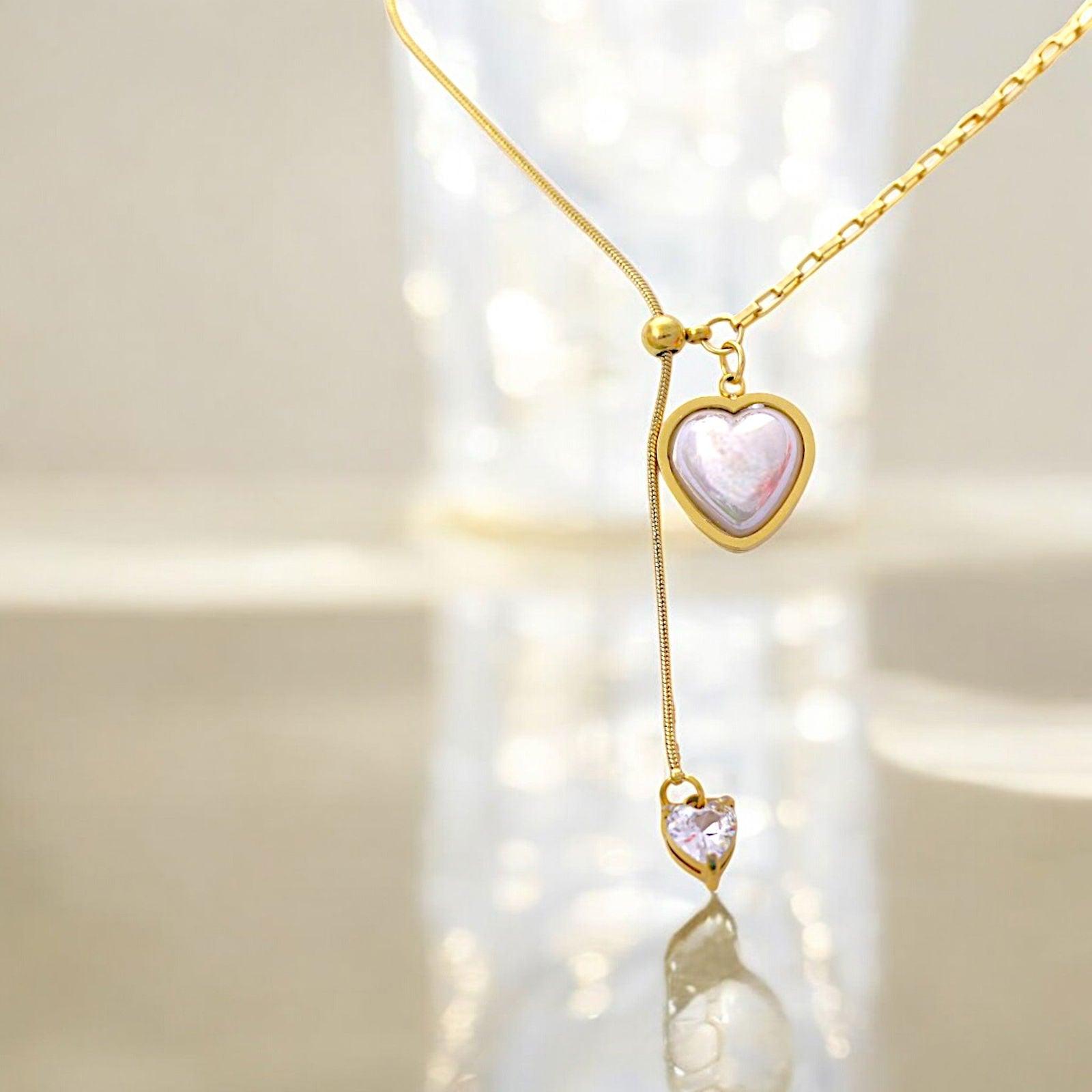 Gold Heart Pendant Necklace with White Inlay - JESPARA