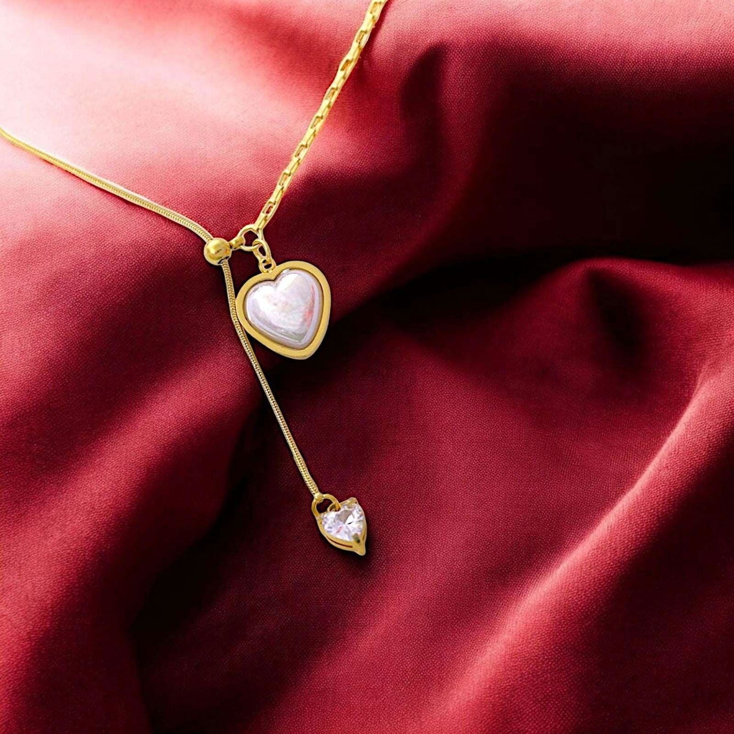 Gold Heart Pendant Necklace with White Inlay - JESPARA