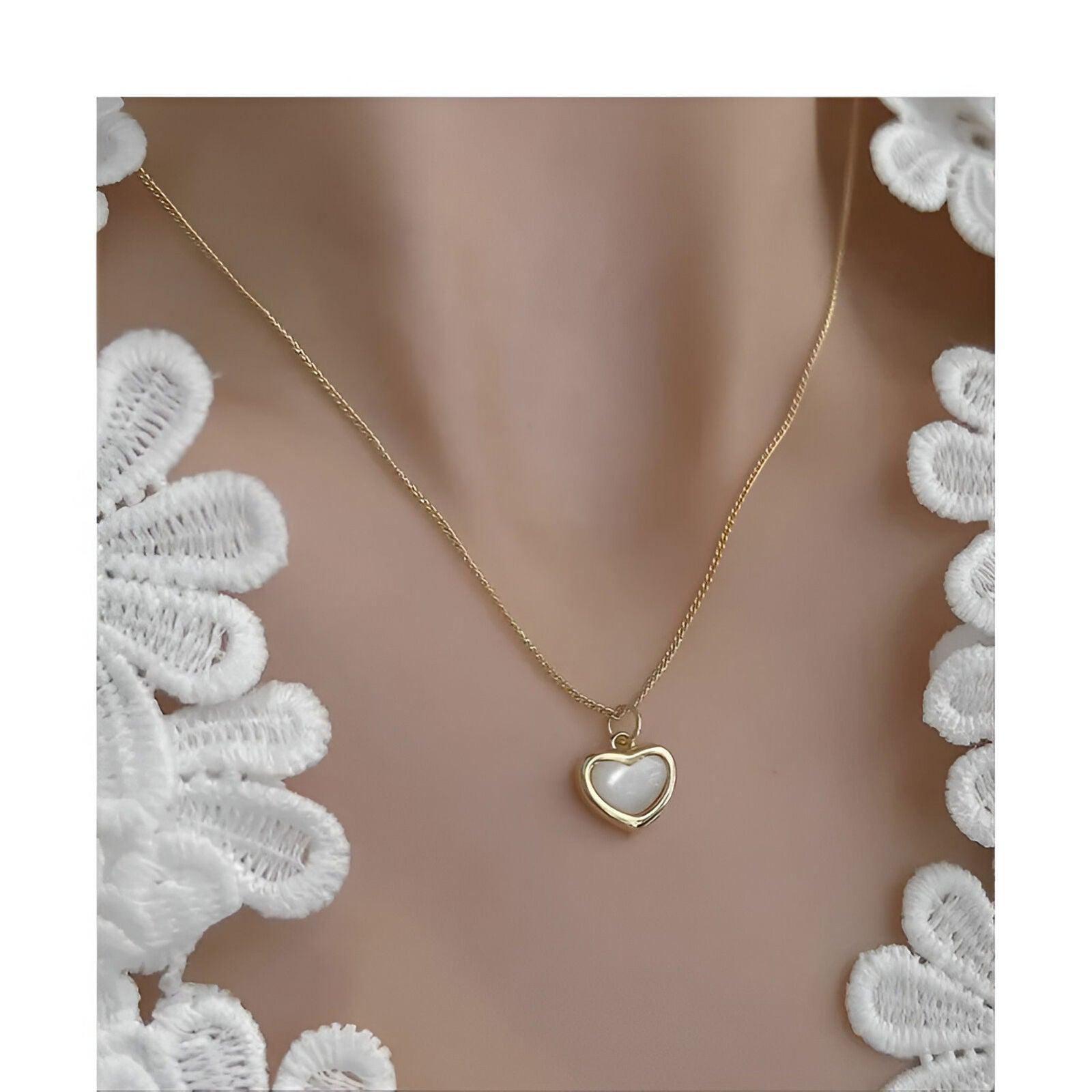 Gold Heart Pendant Necklace with White Inlay - JESPARA