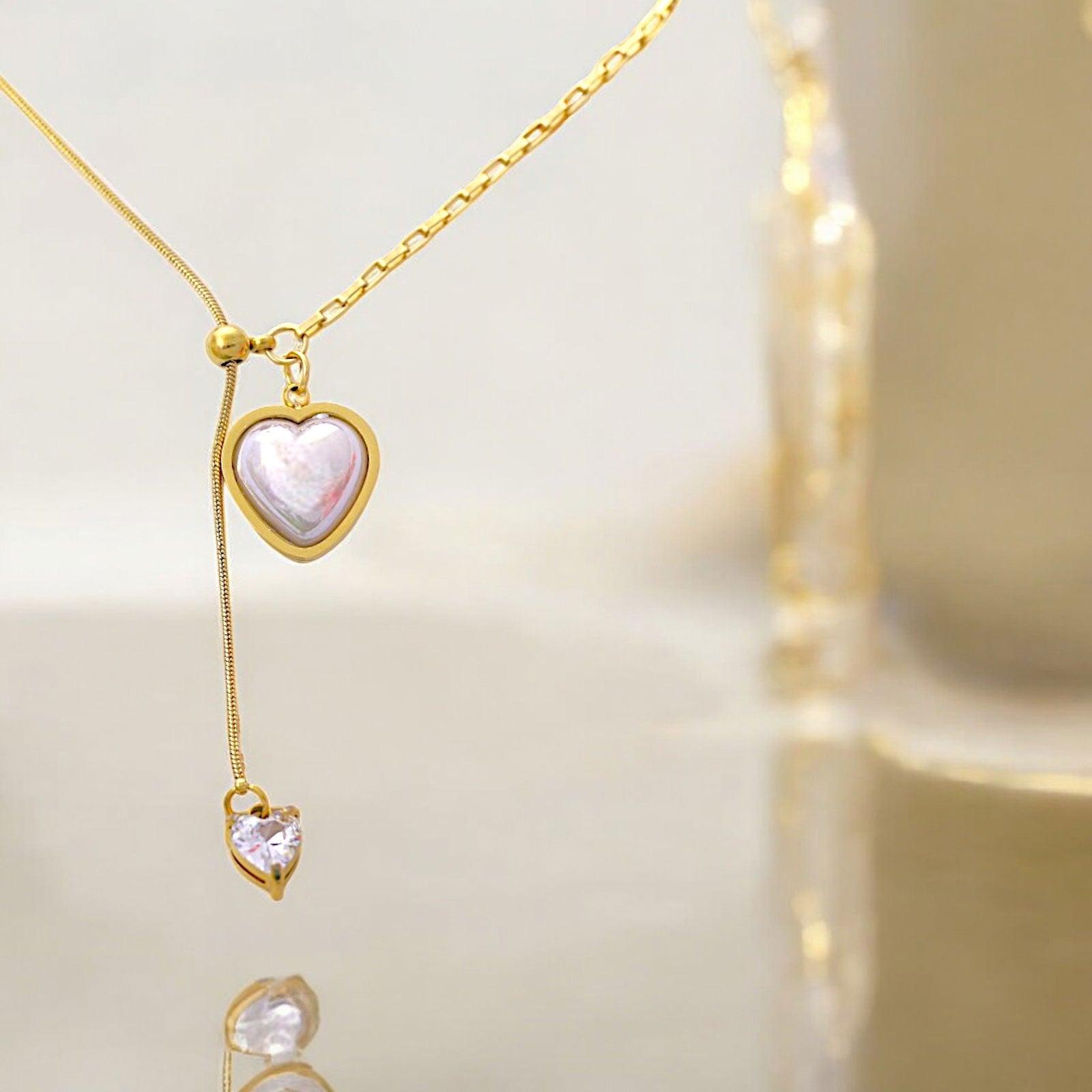 Gold Heart Pendant Necklace with White Inlay - JESPARA