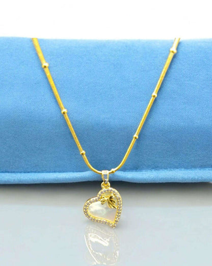 Gold Heart - Shaped Necklace with Pearl Inlay and Bow - JESPARA