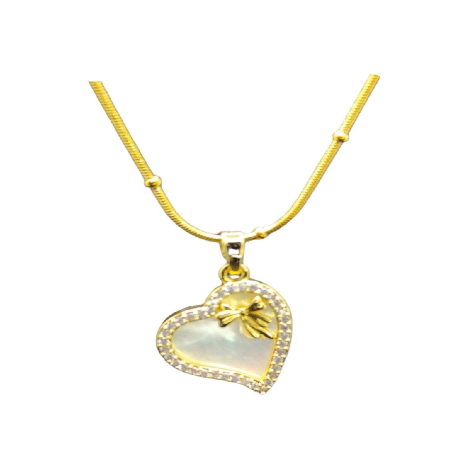 Gold Heart - Shaped Necklace with Pearl Inlay and Bow - JESPARA