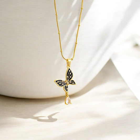 Gold Necklace with Butterfly and Teardrop Pendant - JESPARA