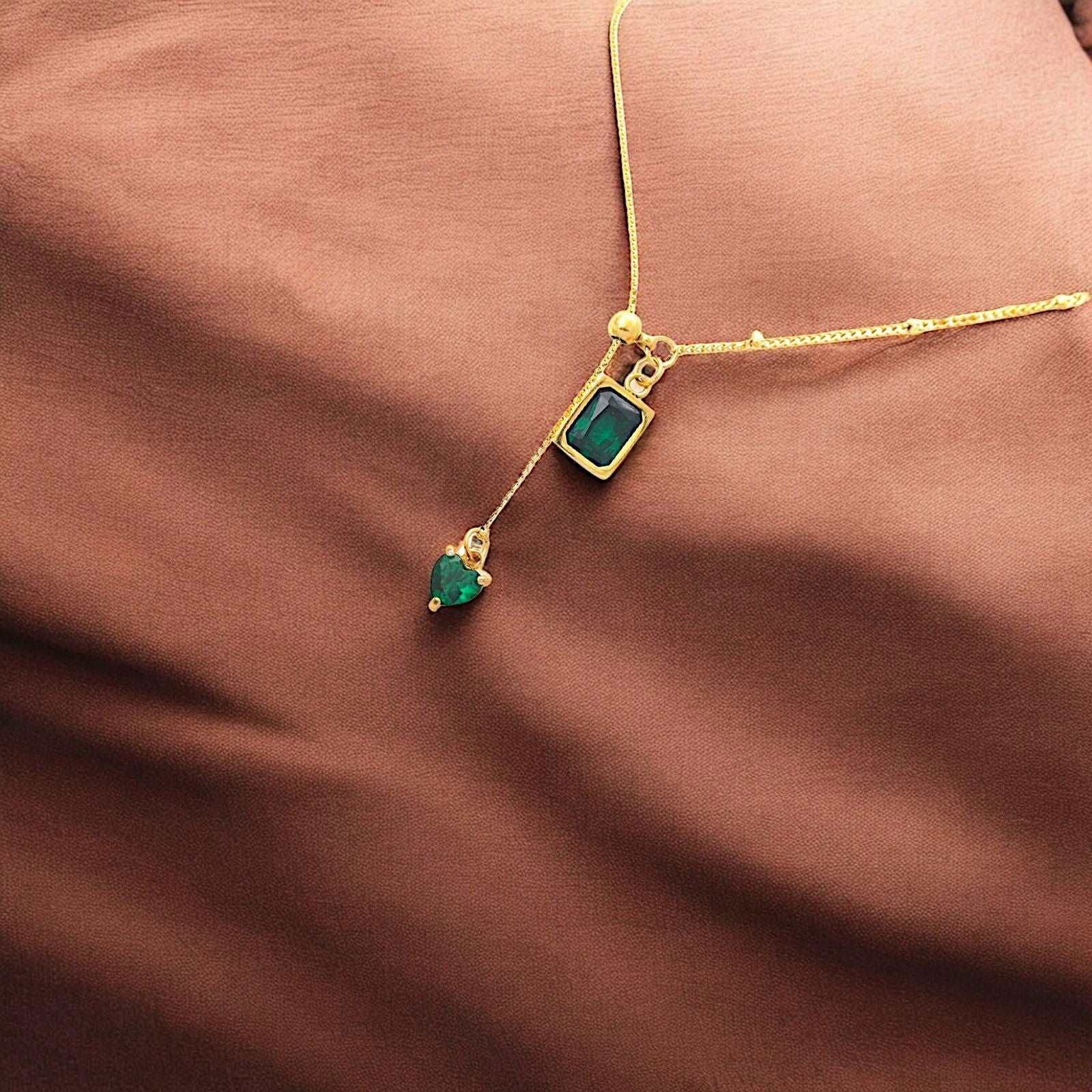 Gold Necklace with Emerald Green Gemstone - JESPARA