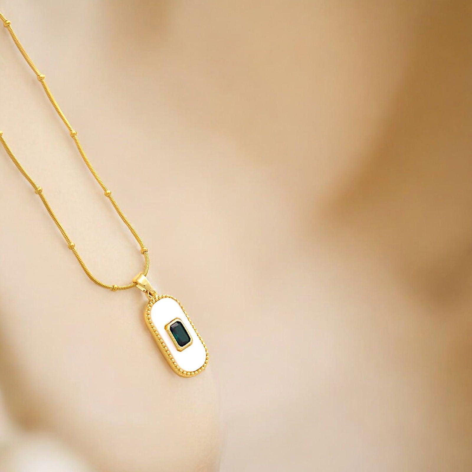 Gold Necklace with White Enamel & Green Gemstone - JESPARA