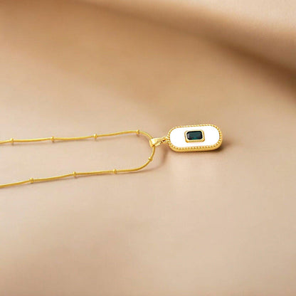 Gold Necklace with White Enamel & Green Gemstone - JESPARA