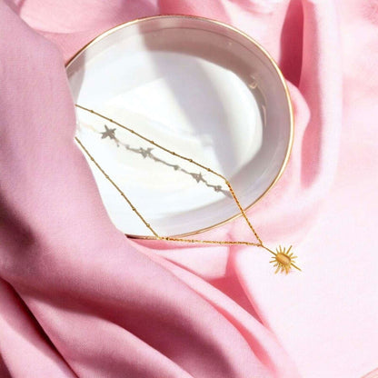 Gold Sunburst Necklace with Elegant Pink Stone Pendant - JESPARA