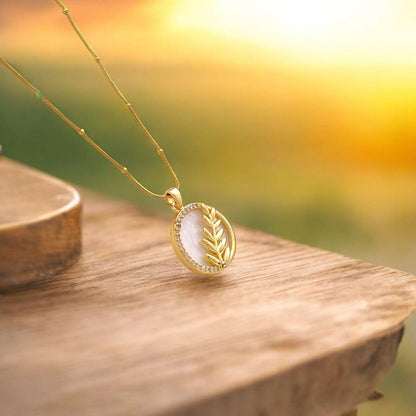 Golden Leaf Pendant Necklace with Pearl Inlay - JESPARA