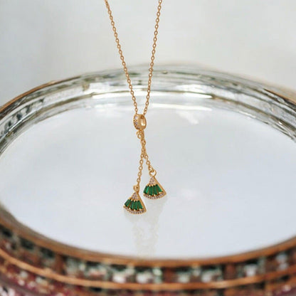 Green Fan Pendant Necklace with Crystal Accents - JESPARA