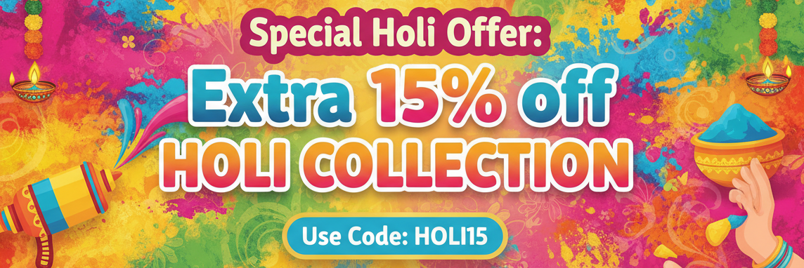 Promotional banner for Holi collection with colorful design and text overlay.