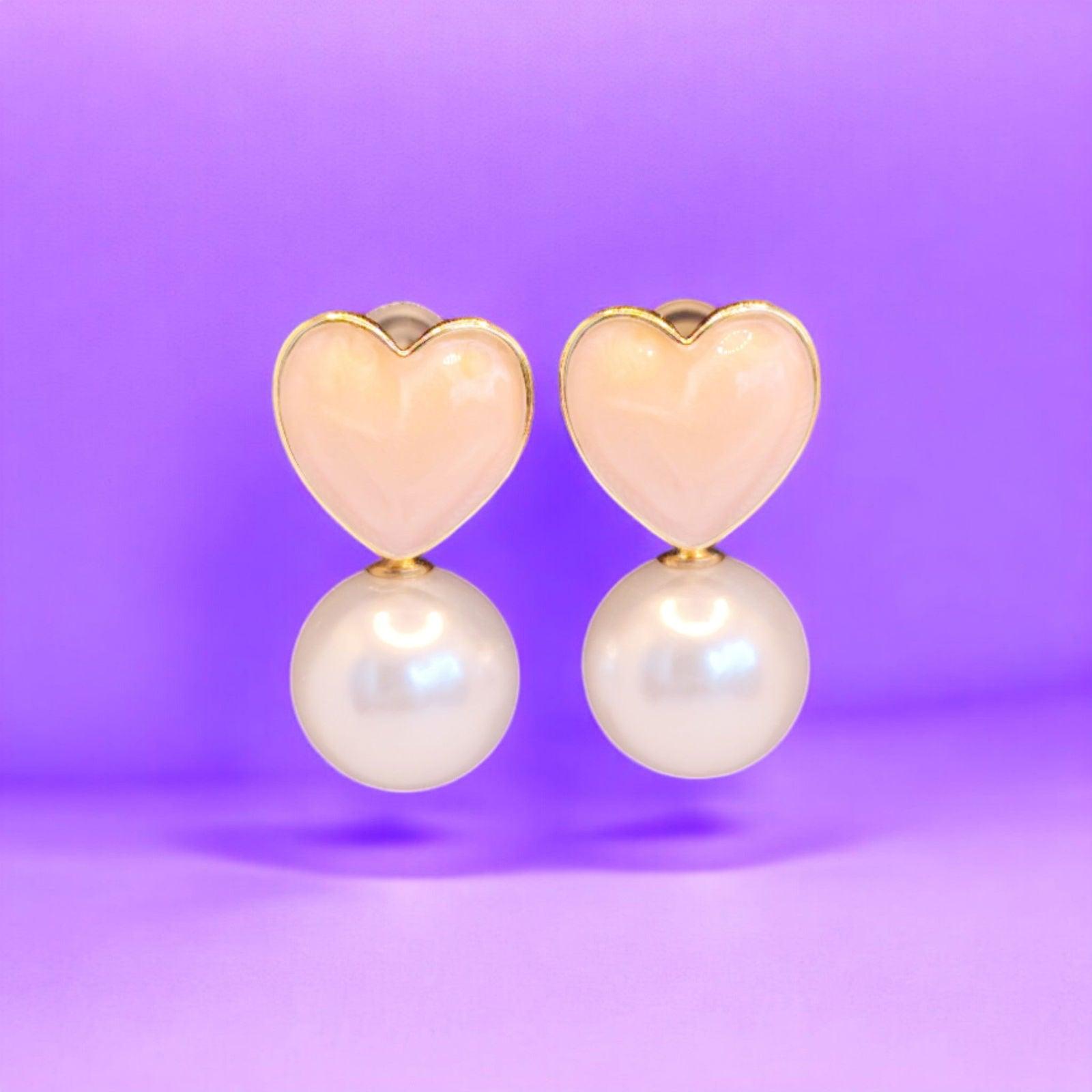 Peach Heart and Pearl Drop Earrings - JESPARA