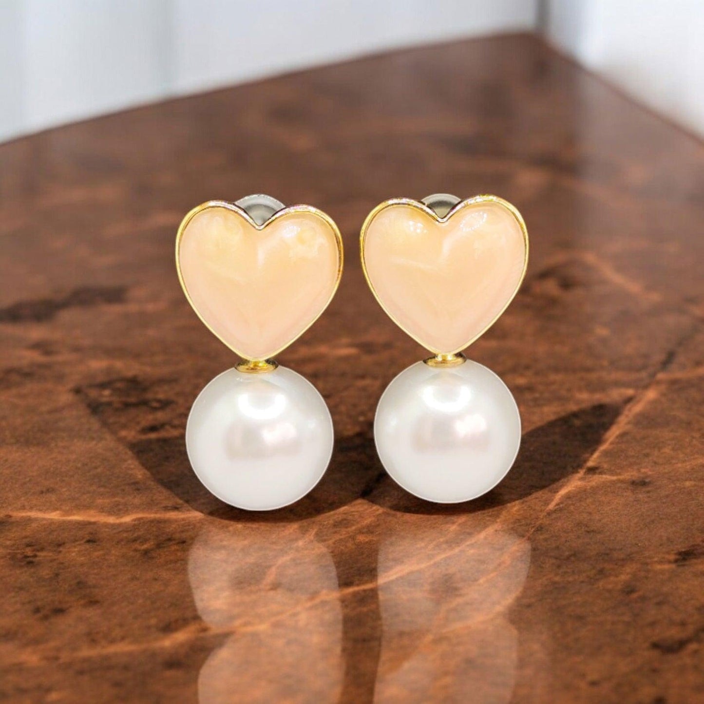 Peach Heart and Pearl Drop Earrings - JESPARA