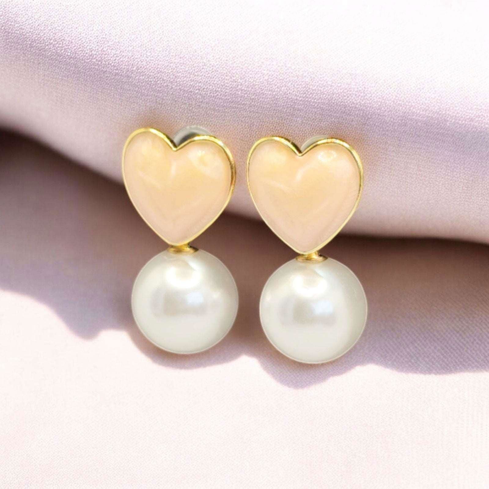 Peach Heart and Pearl Drop Earrings - JESPARA