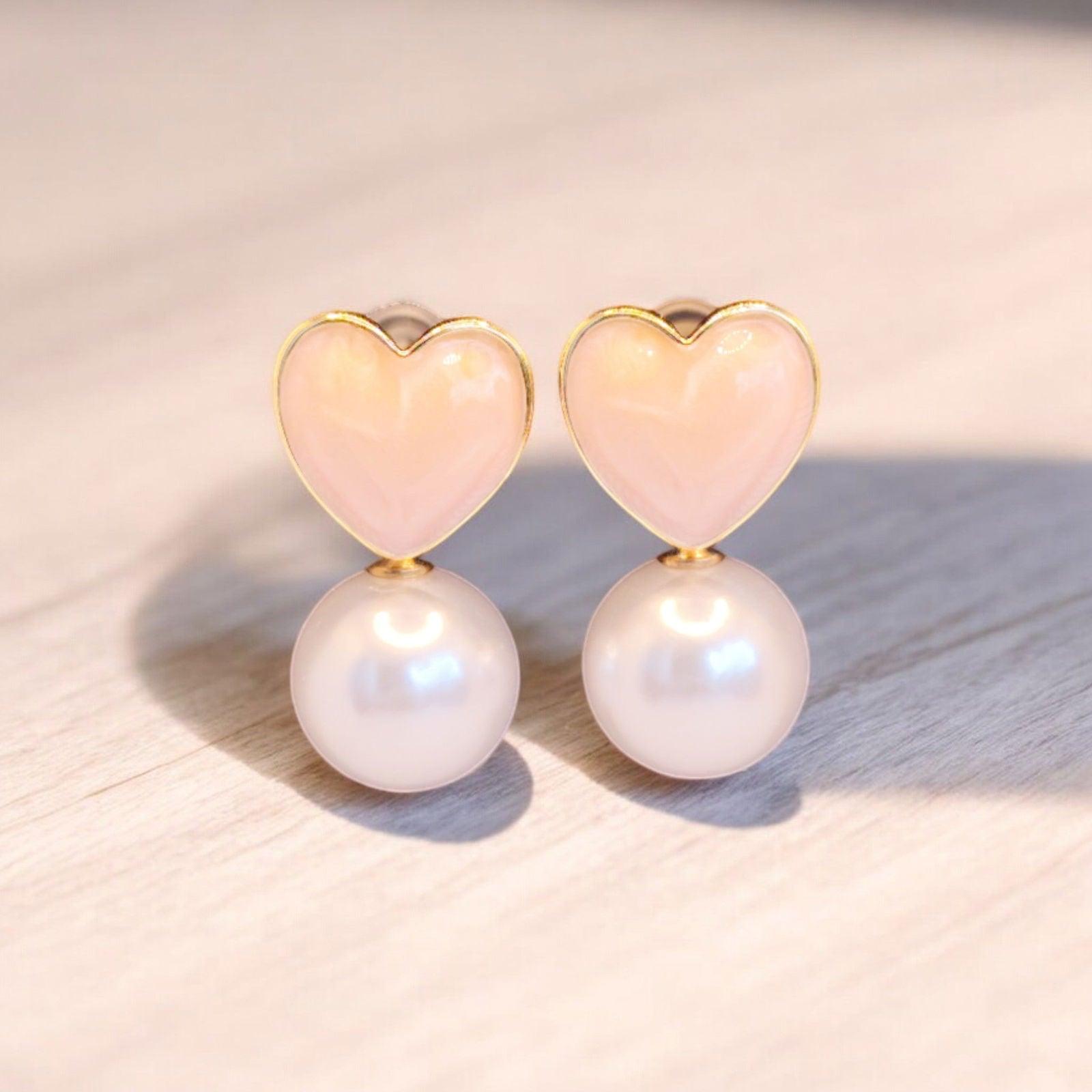 Peach Heart and Pearl Drop Earrings - JESPARA