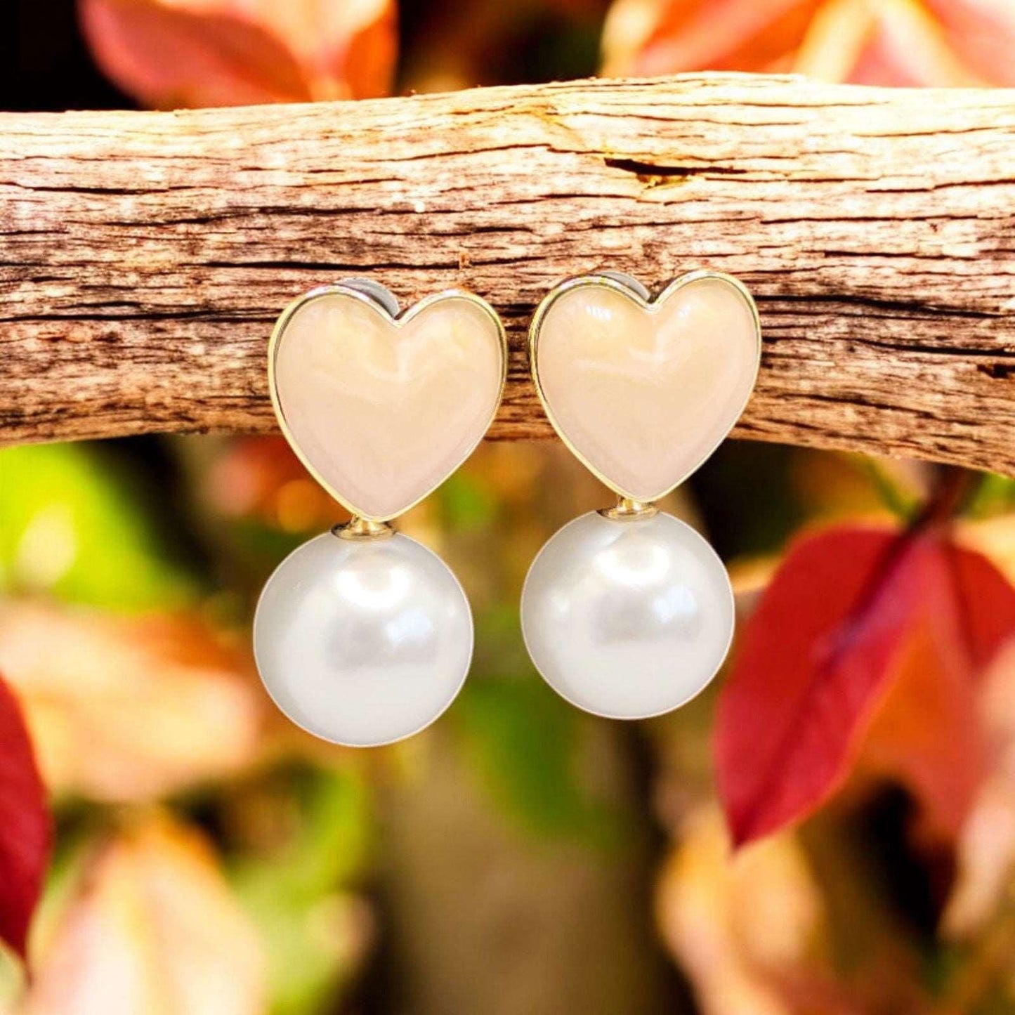 Peach Heart and Pearl Drop Earrings - JESPARA