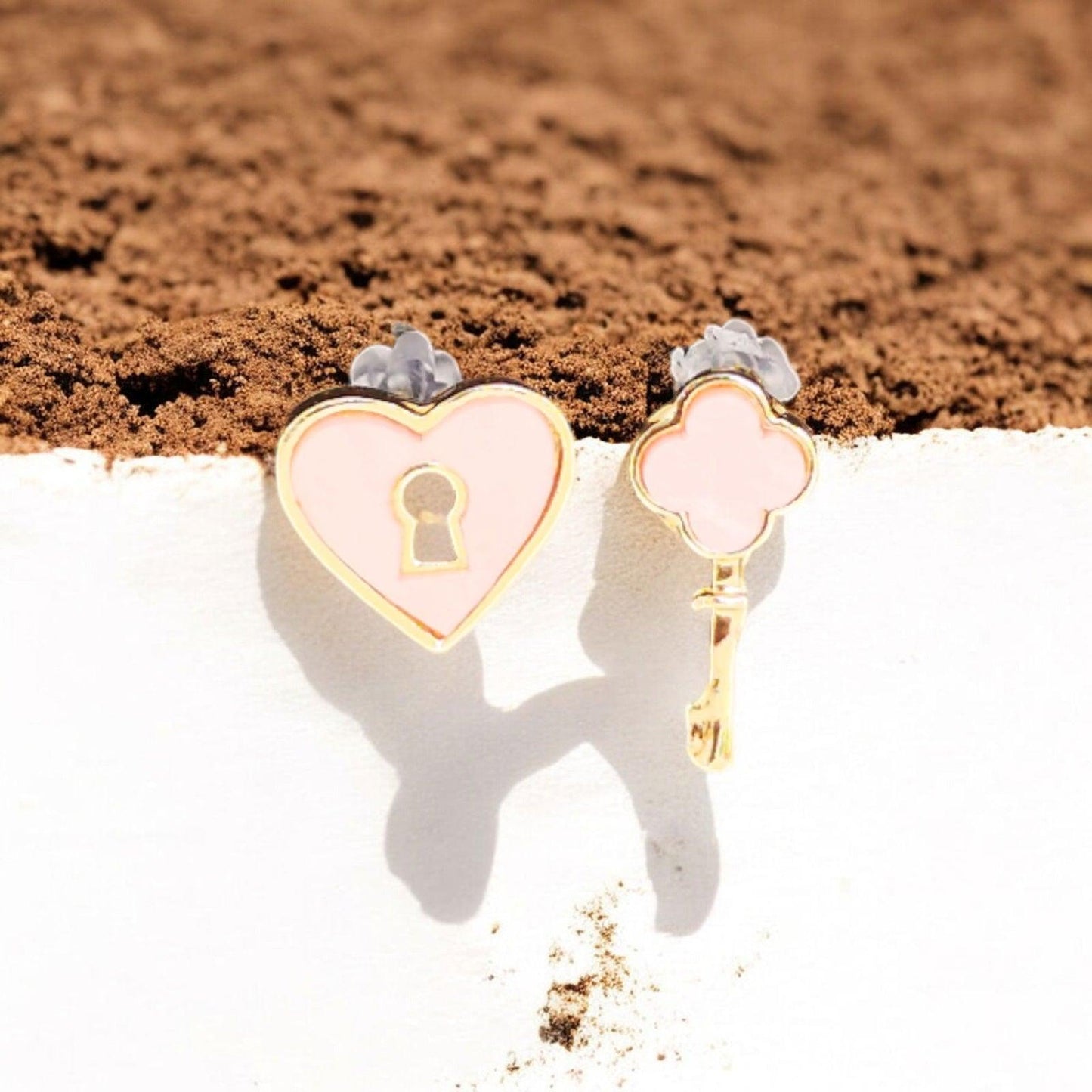 Pink Heart Lock and Key Stud Earrings - JESPARA