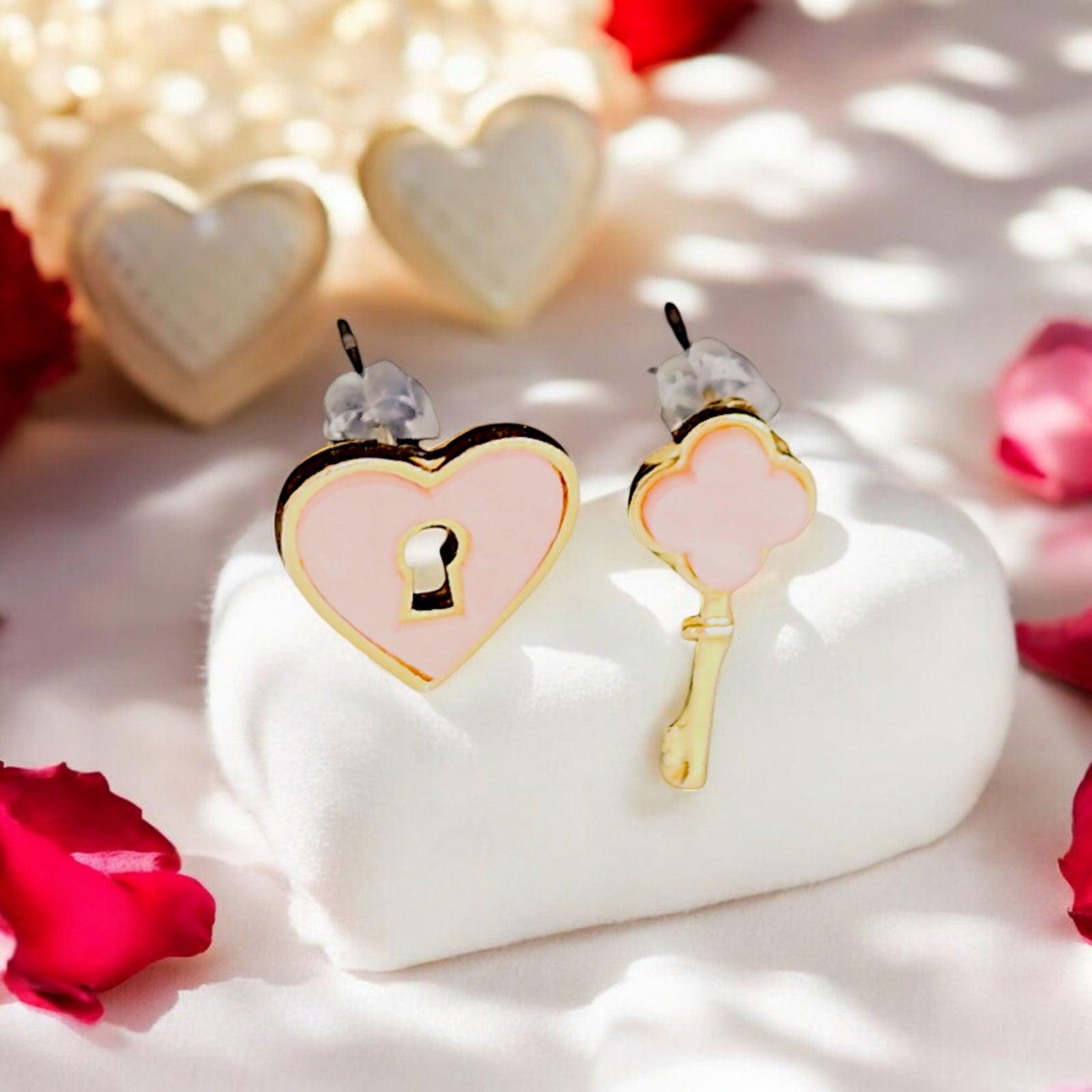 Pink Heart Lock and Key Stud Earrings - JESPARA