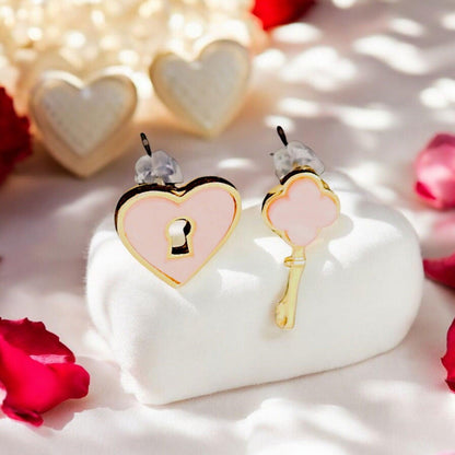 Pink Heart Lock and Key Stud Earrings - JESPARA