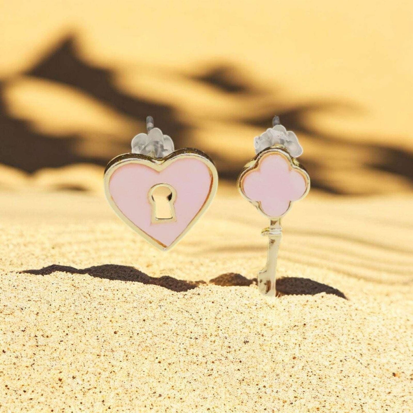 Pink Heart Lock and Key Stud Earrings - JESPARA