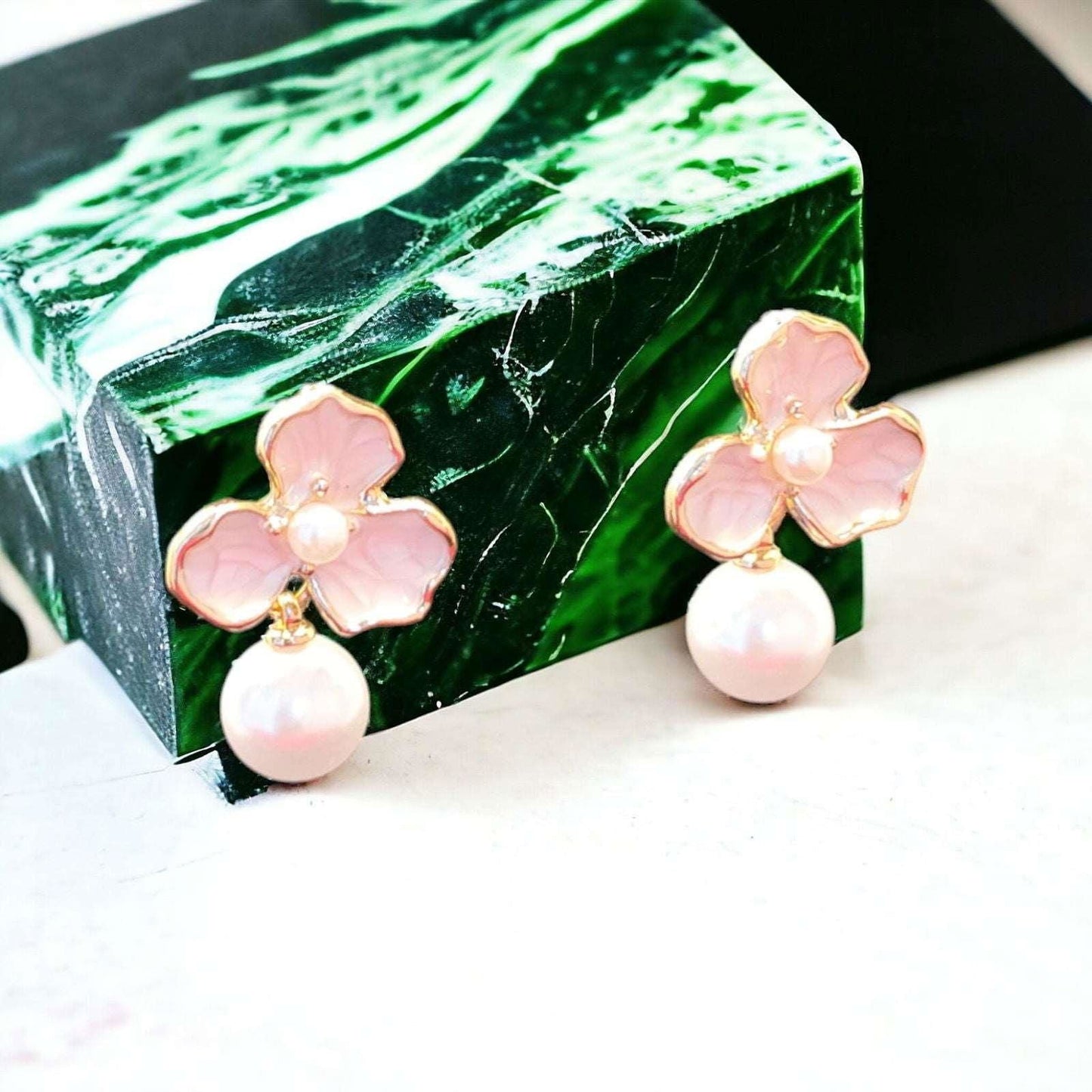 Pink Petal Enamel with Pearl Drop Earrings - JESPARA