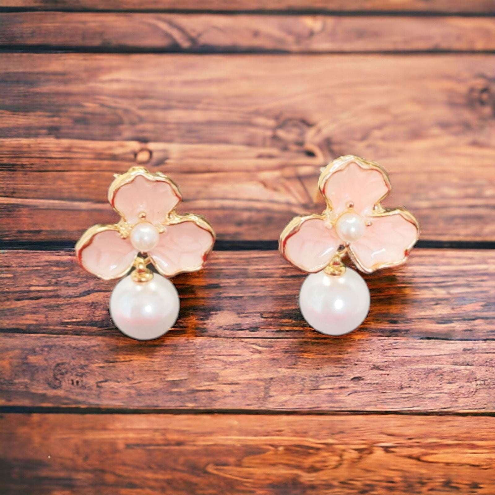 Pink Petal Enamel with Pearl Drop Earrings - JESPARA