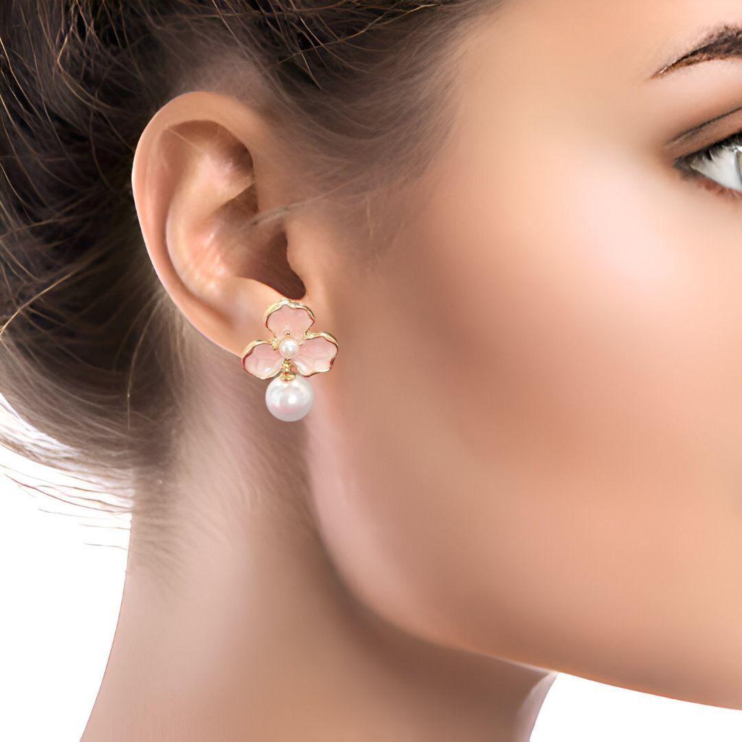 Pink Petal Enamel with Pearl Drop Earrings - JESPARA