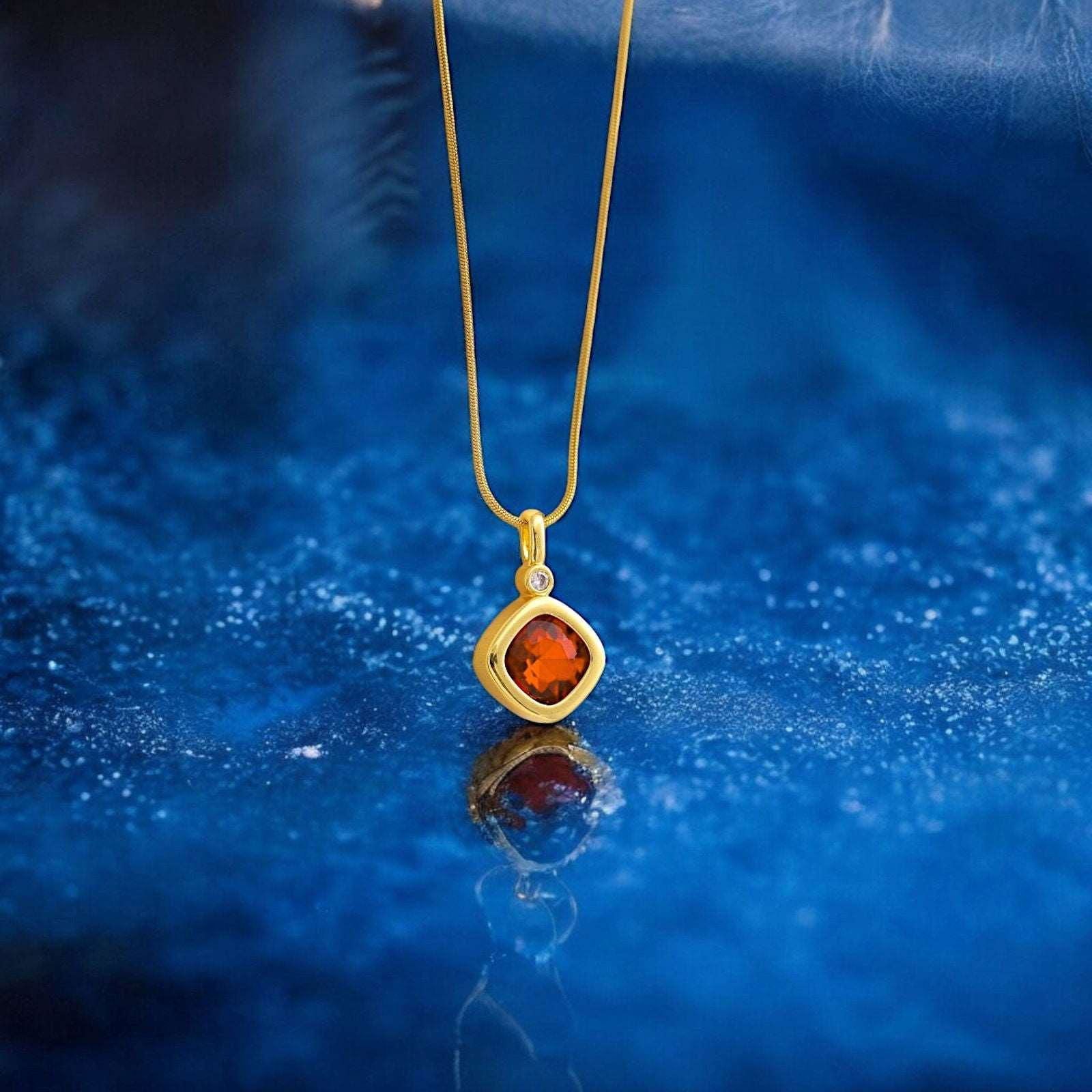 Red Garnet Pendant Necklace with Gold Bezel - JESPARA