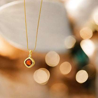 Red Garnet Pendant Necklace with Gold Bezel - JESPARA