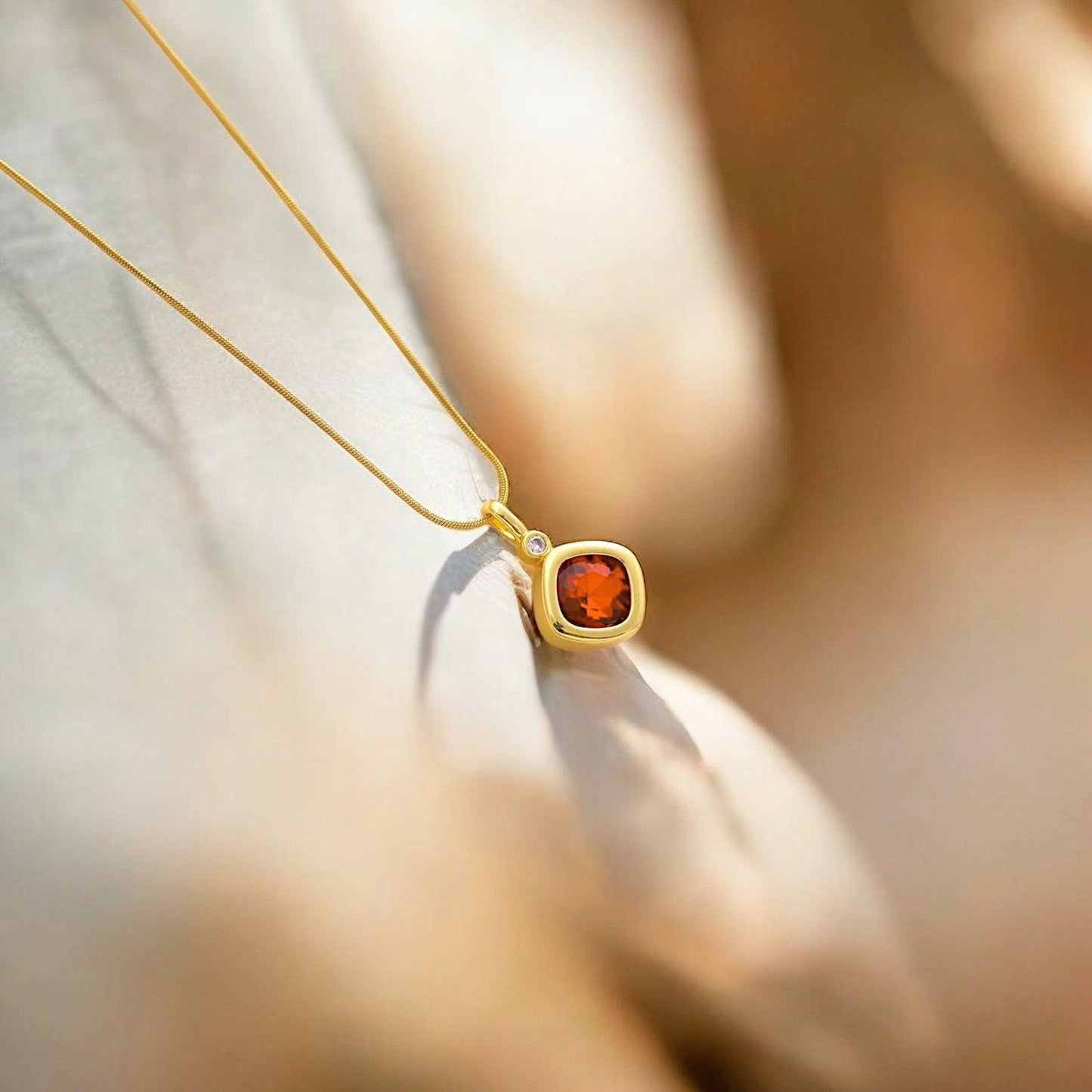 Red Garnet Pendant Necklace with Gold Bezel - JESPARA