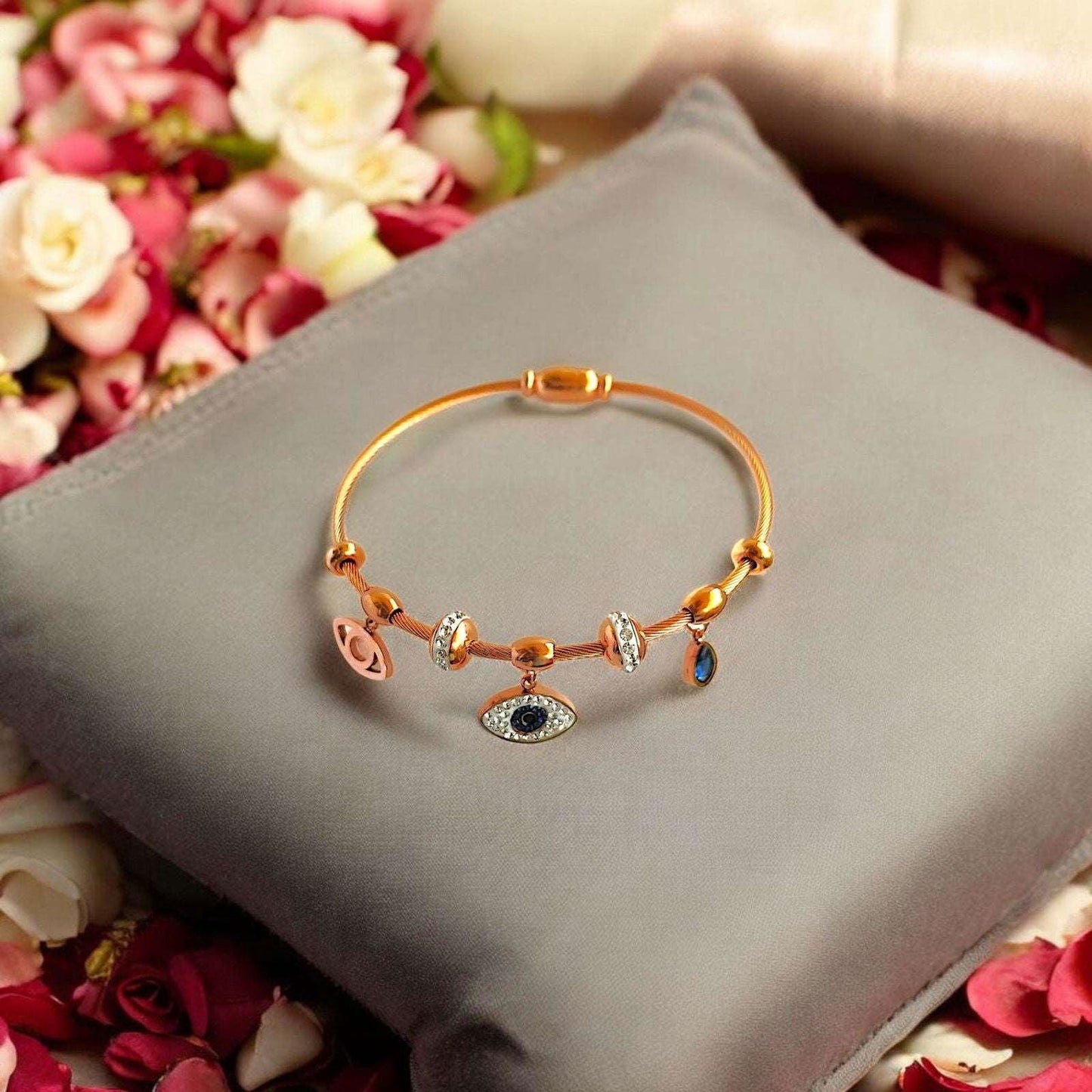 Rose Gold Evil Eye Crystal Charms Bracelet - JESPARA