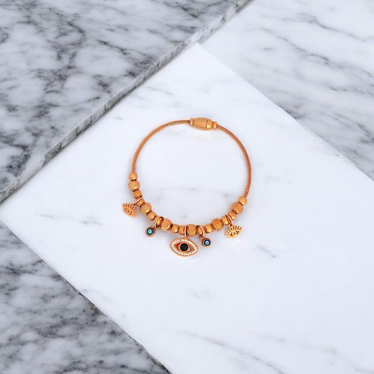 Rose Gold Evil Eye Sunburst Charms Bracelet - JESPARA