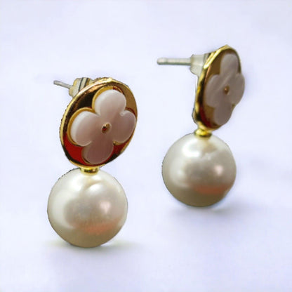 White and Gold Flower Earrings with Pearl Drop - JESPARA