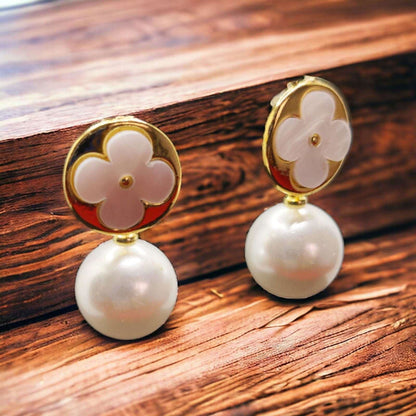 White and Gold Flower Earrings with Pearl Drop - JESPARA