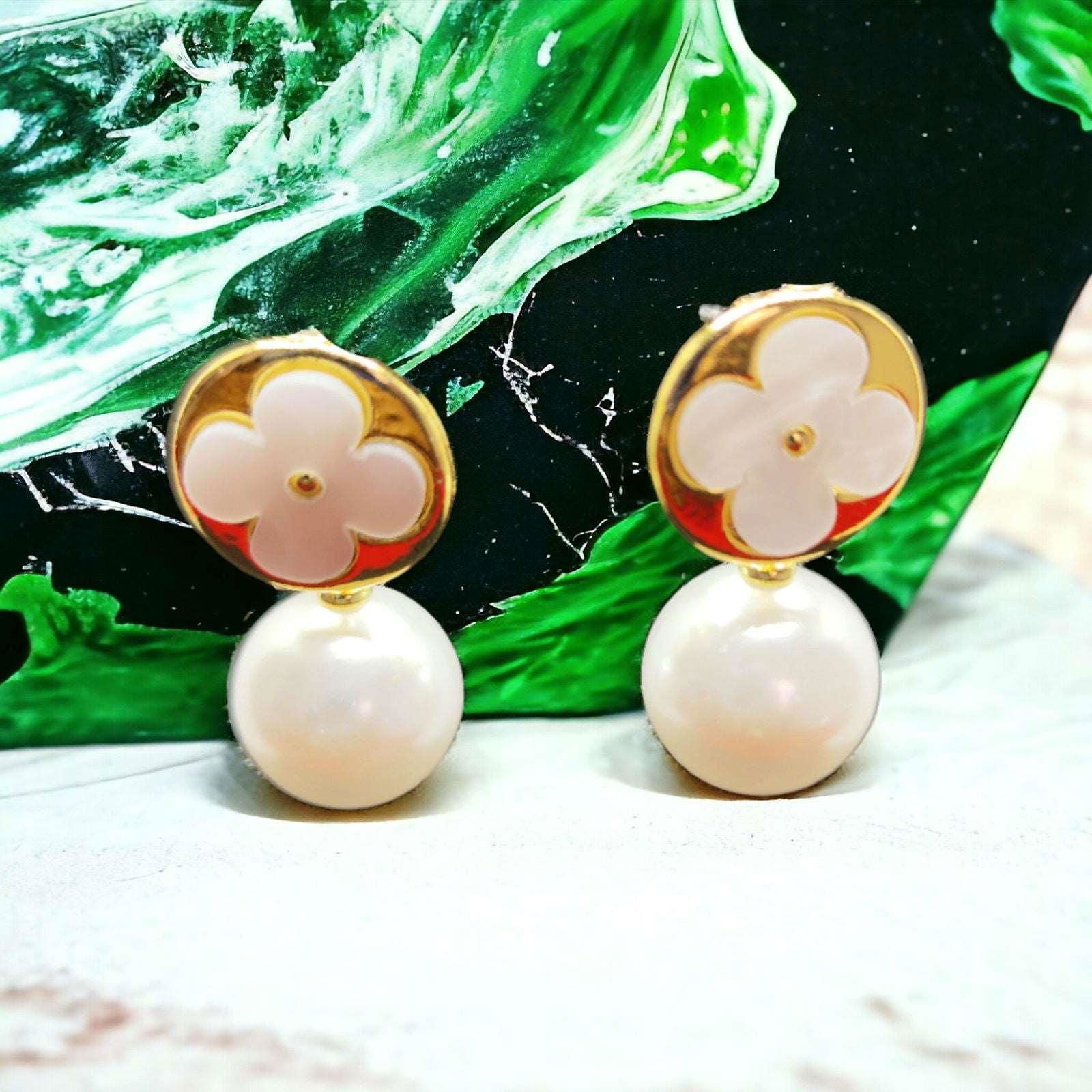 White and Gold Flower Earrings with Pearl Drop - JESPARA