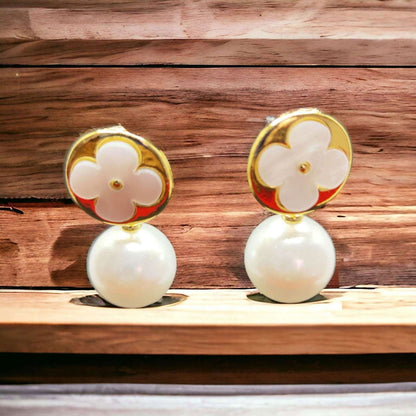 White and Gold Flower Earrings with Pearl Drop - JESPARA