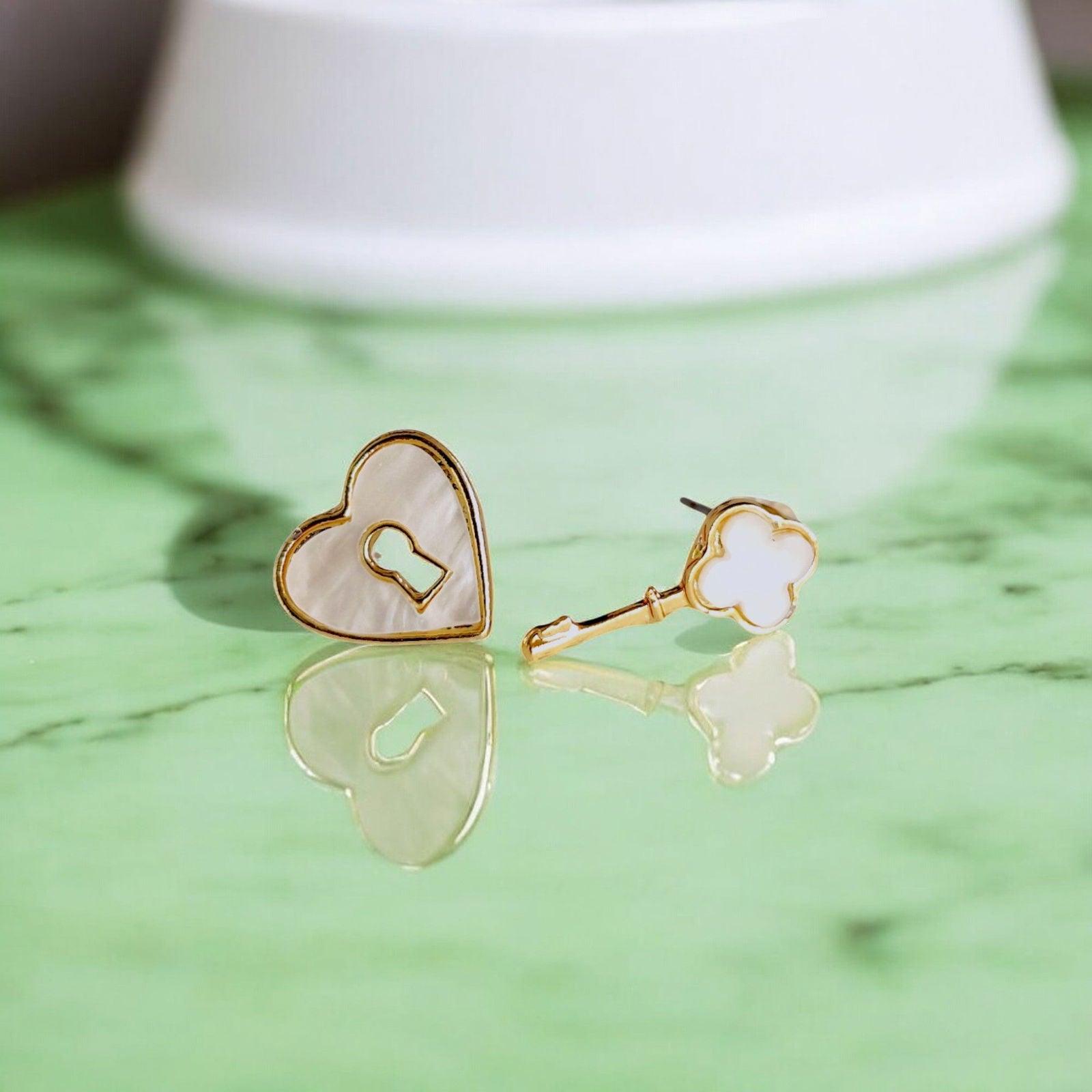 White Heart Lock and Key Stud Earrings - JESPARA