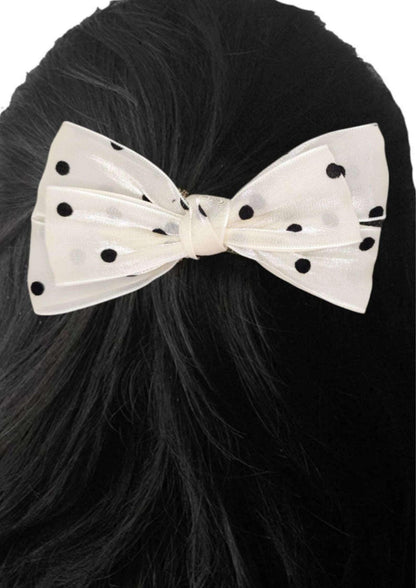 White Satin Polka Dot Hair Bow - Elegant Fashion Hair Accessory - JESPARA