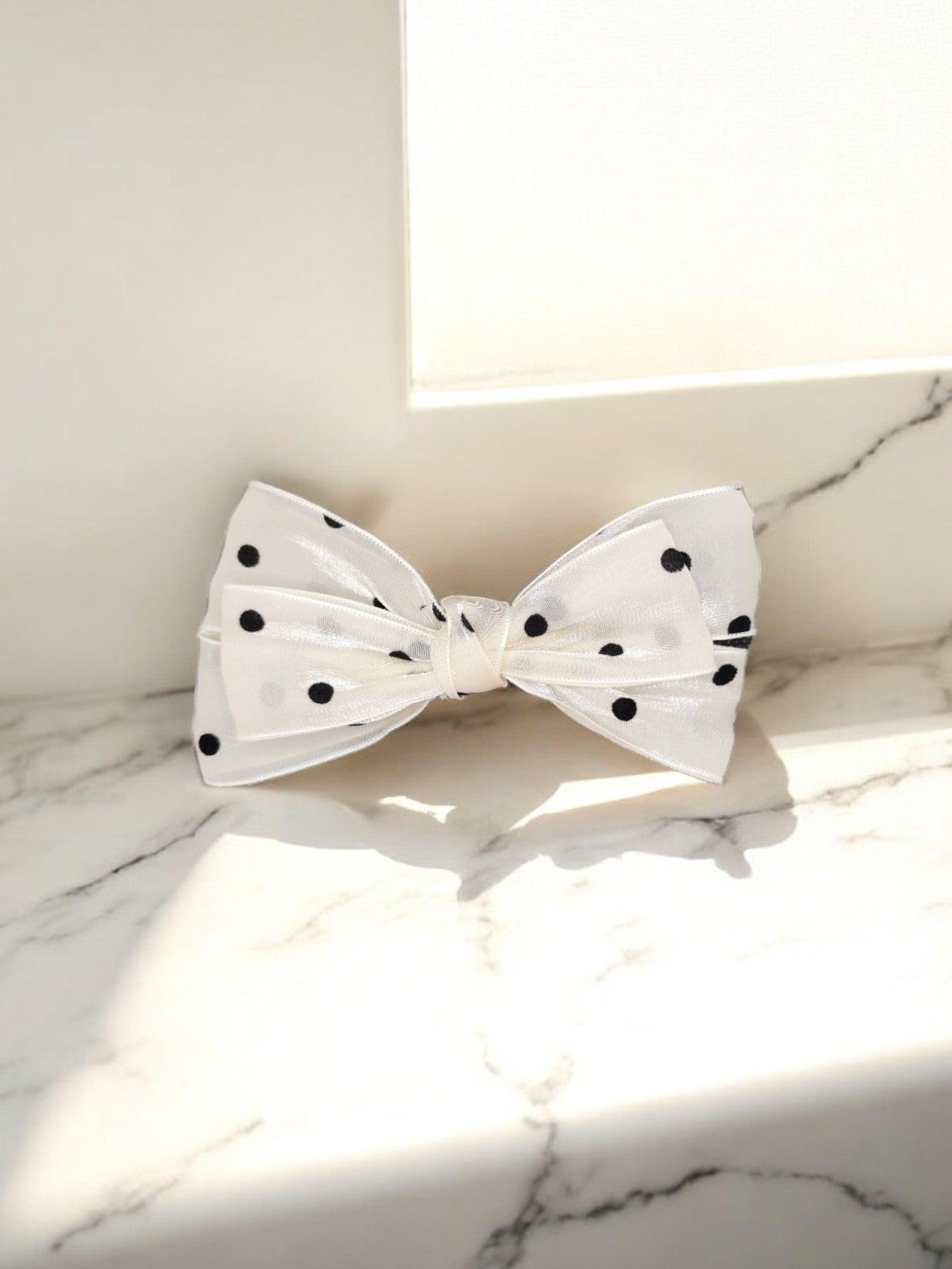 White Satin Polka Dot Hair Bow - Elegant Fashion Hair Accessory - JESPARA